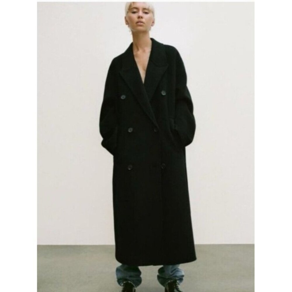 ZARA Double Faced Black Wool Blend Double Breasted Long Oversized Coat - Picture 8 of 13